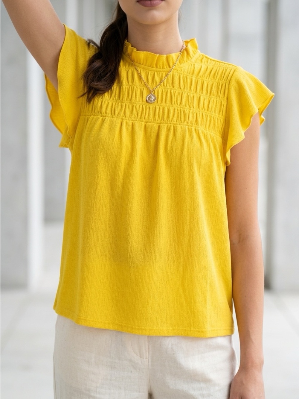 Ann Taylor NWT Oversized Yellow Smocked Flutter Sleeve Top
